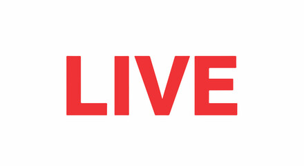 Obraz premium Vibrant red 'LIVE' graphic against a pure white canvas, symbolizing immediate broadcast, real-time streaming, or active online content availability across digital platforms