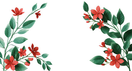 Beautiful spring flowering branches with leaves frame isolated on transparent background, illustration