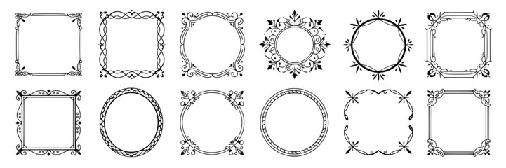 Frames decorative ornate set with intricate patterns and vintage flourishes, black and white line art, elegant borders, suitable for invitations, crafts, scrapbooking, and graphic design embellishment