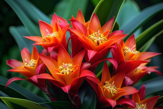 Close up of a beautiful guzmania lingulata bromeliad plant, displaying vibrant orange and red bracts
