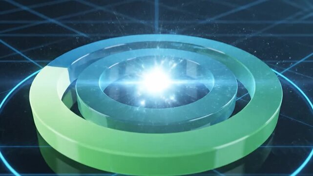 Abstract blue futuristic technology rings rotating and interlocking on a dark background.