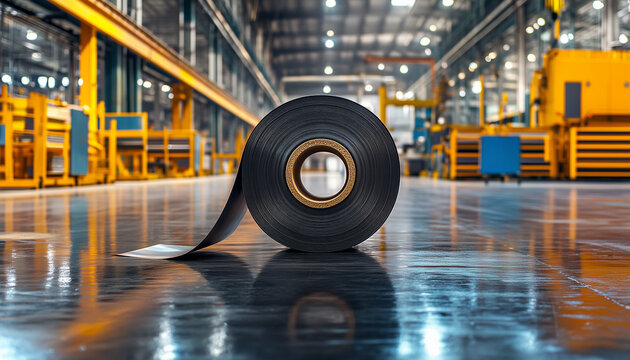 Large black rubber roll sits on industrial concrete floor. Warehouse interior with yellow machinery and long windows. Manufacturing material for construction or automotive needs