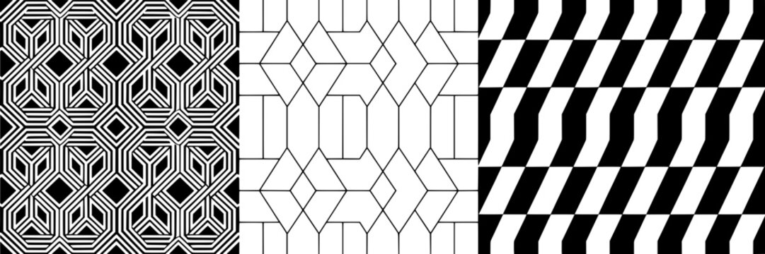 Patterns geometric hexagonal grids with intricate line art and bold contrasting stripes in black and white for decorative designs, textile motifs, or modern visual effects.
