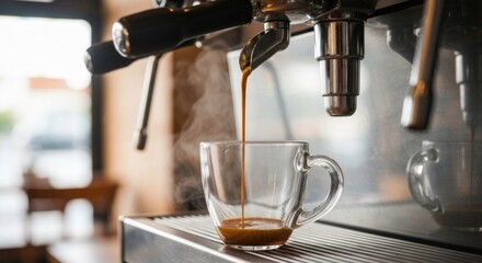 Espresso pouring into a glass cup. Steam rises
