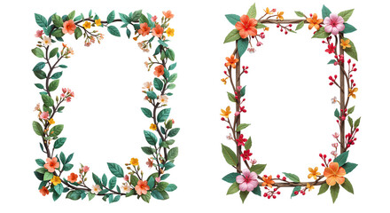 Beautiful spring flowering branches with leaves frame isolated on transparent background, illustration