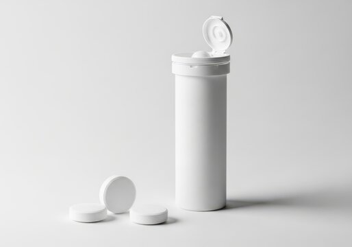 White plastic tube with open lid and effervescent tablets isolated on white background