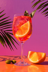 Refreshing aperol spritz cocktail with orange slice and tropical leaves on vibrant pink background