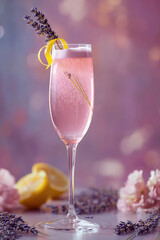 Sophisticated French 75 cocktail with lavender garnish and lemon twist in champagne flute