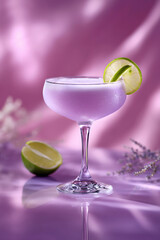 Elegant lavender daiquiri cocktail in coupe glass with lime garnish on soft pastel background