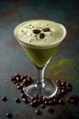 Trendy matcha espresso martini with creamy foam and coffee beans on dark textured background