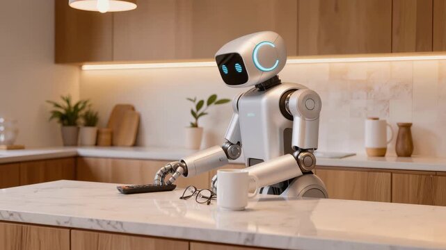 Smart ai robot assistant in modern home kitch tidy and clean items on counter. Concept of home automation, future tech, and daily life help