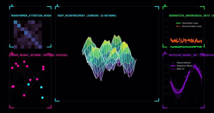 Advanced AI Algorithms Suite Visualization Showing Transformer Attention, Deep Reinforcement Learning, Generative Adversarial Networks, Graph Neural Networks and Bayesian Uncertainty Analysis
