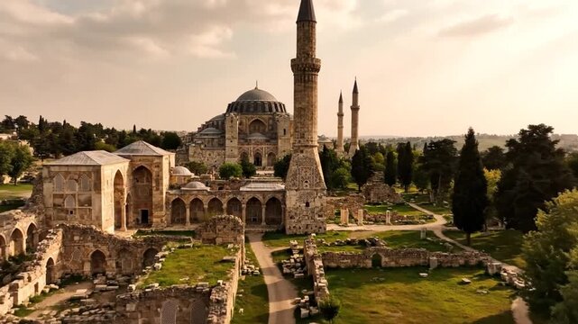 Aerial Drone View of the Selimiye Mosque and Complex in Edirne, Turkey - Cinematic Drone Footage