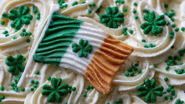 418Mini Irish flag on cake, surrounded by green frosting and clover sprinkles, macro festive shot