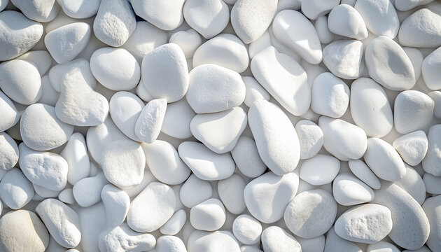 Close up photo of white decorative stones. Smooth polished pebbles create a natural texture. Rounded rocks ideal for background or design projects