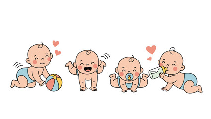 Fototapeta premium Adorable set of cartoon baby characters in various activities such as crawling, playing with a ball, and drinking from a bottle.
