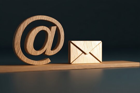 Minimalist 3D Wooden At Symbol and Envelope Icon on Elegant Dark Background for Modern Email Marketing and Business Contact Us Web Page Designs