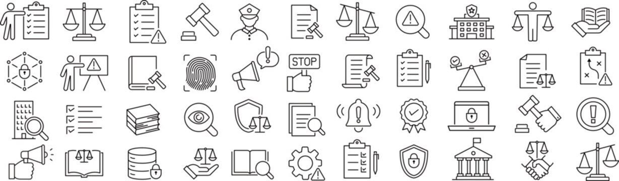 ベクターでモノクロのコンプライアンスに関する線画アイコンセット
