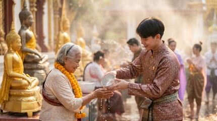 Sacred Songkran Blessing Traditional Thai New Year Water Ceremony at Golden Temple
