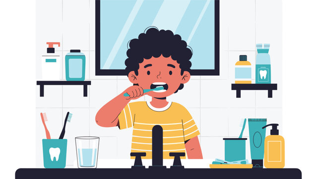 Little boy with curly hair brushing his teeth in front of a bathroom mirror surrounded by various oral hygiene and dental products.
