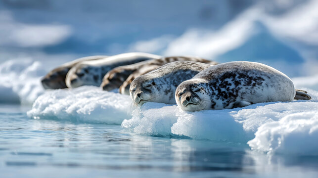 Seals resting on Antarctic ice near water edge, wildlife photography, natural behavior, horizontal composition