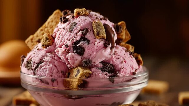 A scoop of ice cream topped with chocolate chips, served in a simple bowl.