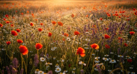 Fototapeta premium Field of Red Poppies and Wildflowers at Sunset, Golden Hour Light
