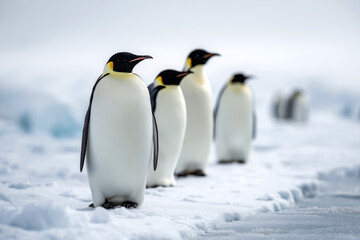 Fototapeta premium Wildlife photography of emperor penguins standing on ice floes in Antarctica, natural behavior