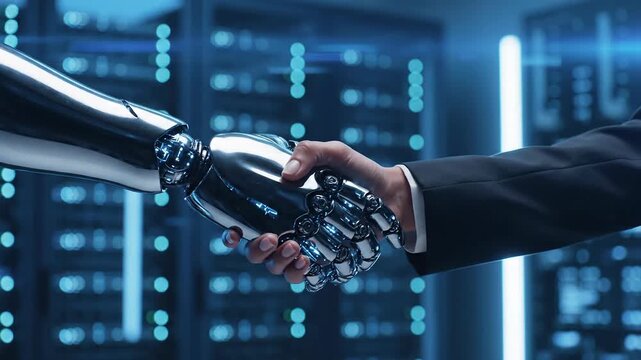 Robot and Human Handshake in Server Room - AI and Business Partnership