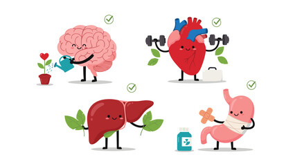 Obraz premium Happy internal organs including brain heart liver and stomach are shown practicing healthy habits like watering plants and lifting weights.