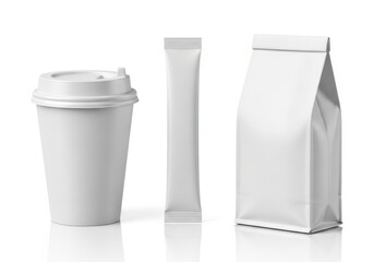 White paper coffee cup with lid sugar packet and coffee bag isolated on white background