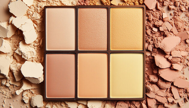 Five earth-toned makeup powders arranged, some broken. Neutral palette features brown, beige, and warm shades with matte texture.