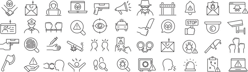 ベクターでモノクロの脅威に関する線画アイコンセット
