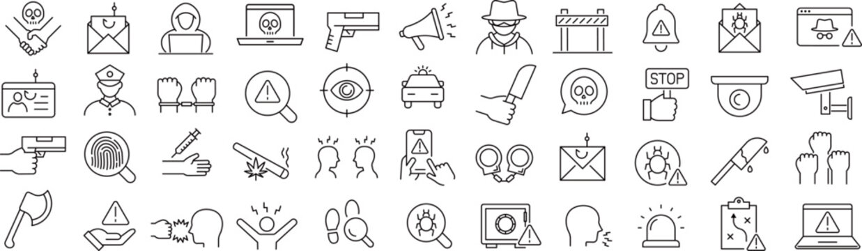 ベクターでモノクロの脅威に関する線画アイコンセット
