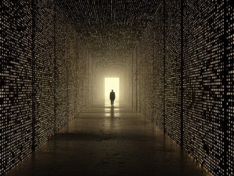 Person Walking Through Illuminated Tunnel of Lights Towards Bright Exit