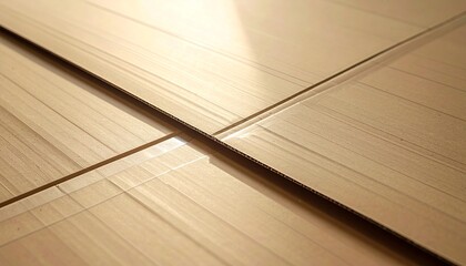 Close-up of a wooden floor with a visible seam and light reflections.