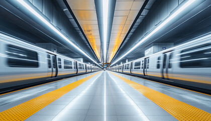 Obraz premium Subway Train Arriving at Modern Station, Representing Urban Mobility and Infrastructure Investment