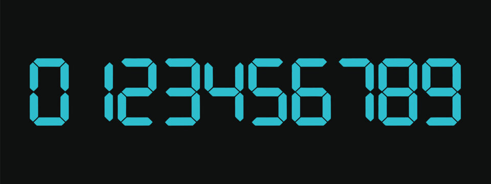 LED digital board electronic style with digits 0-9, scoreboard, signage, information panels, sports, games, schedules, cyan clock numbers.