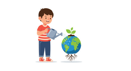 Fototapeta premium Cartoon Boy Watering a Small Blue and Green Earth Globe with a Blue Watering Can Showing Roots Growing Beneath the Soil for Educational and Environmental Awareness Themes, Generative AI.