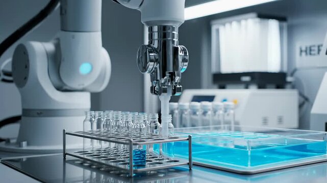 Robotic arm precisely dispenses liquid into laboratory test tubes in a modern science lab