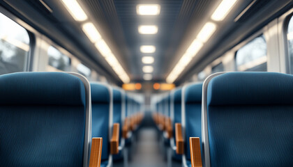 Fototapeta premium Interior of a Modern Passenger Train Car with Blue Seats and Large Windows