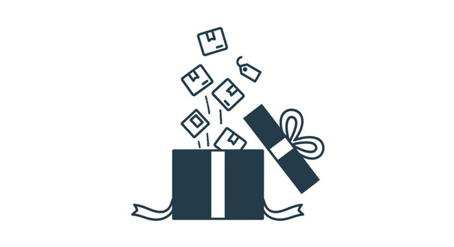 Simple line art illustration of a gift box with money flying out.