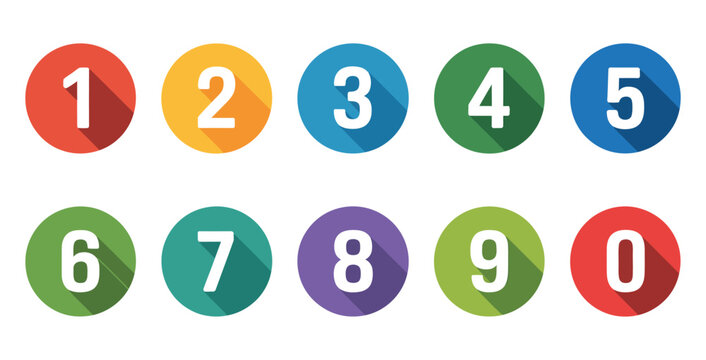 Number digits 0 to 9 on colorful circles with long shadow, vector icons for design and education.