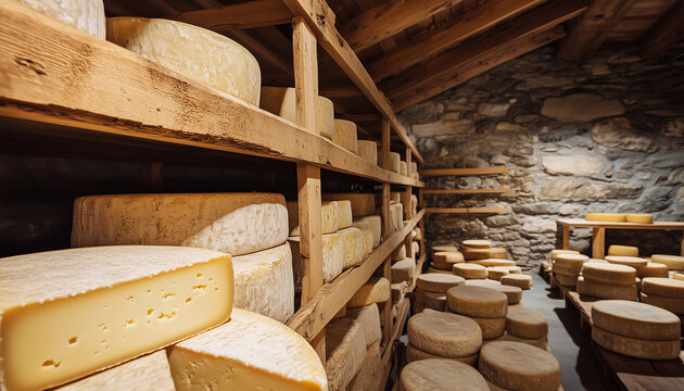 A beautifully arranged cheese storage room showcasing various types of cheese on wooden shelves