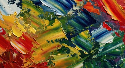 Abstract, vibrant oil painting with thick impasto strokes. Bold colors swirl and blend in dynamic patterns