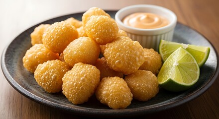 Crispy fried cheese bites with lime and dipping sauce