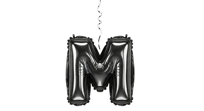black foil balloon letter m floating on white background perfect for modern celebration elegant party decor and luxury branding.