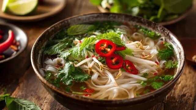 A bowl of pho filled with noodles, fresh herbs, and colorful vegetables, garnished for a flavorful presentation.