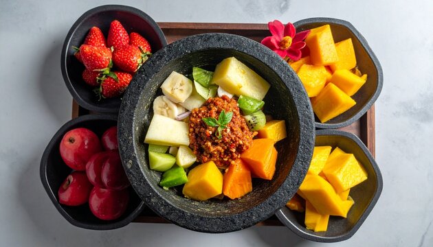 Traditional Indonesian rujak with spicy chili sauce, served with fresh tropical fruits, stone mortar, top view food photography