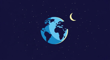 Blue Earth Globe with Crescent Moon in Dark Space at Night